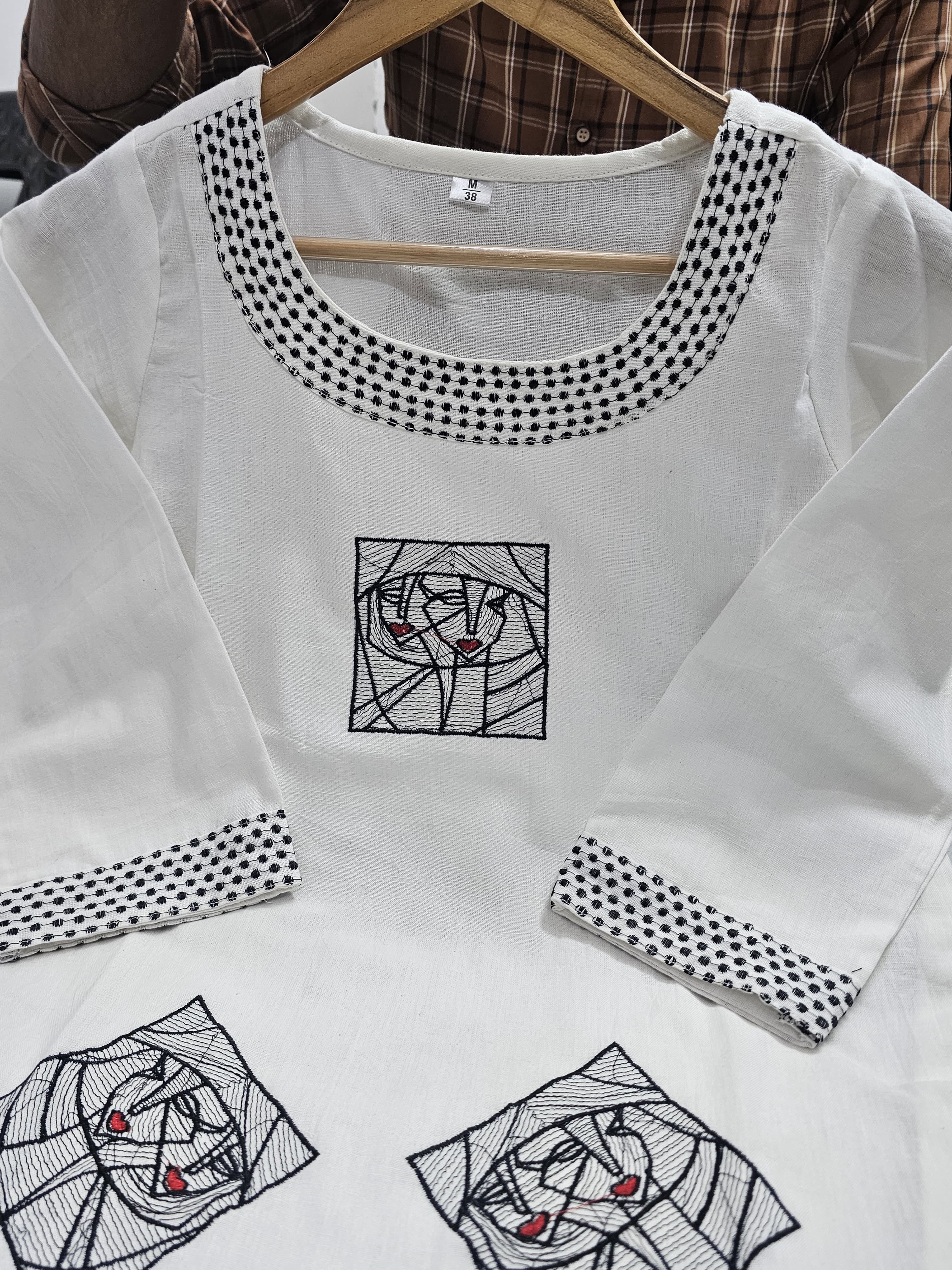 White Cotton Embroidered Co-Ord Set with Abstract Face Art
