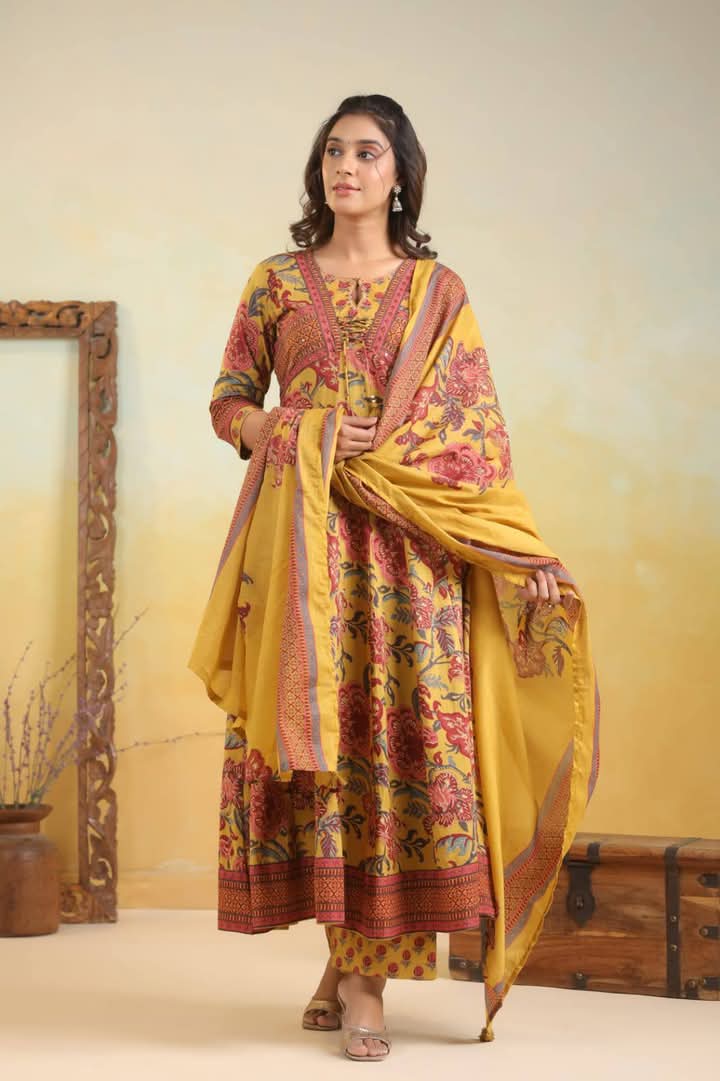 Mustard Maroon Floral Anarkali Kurta Set with Dupatta