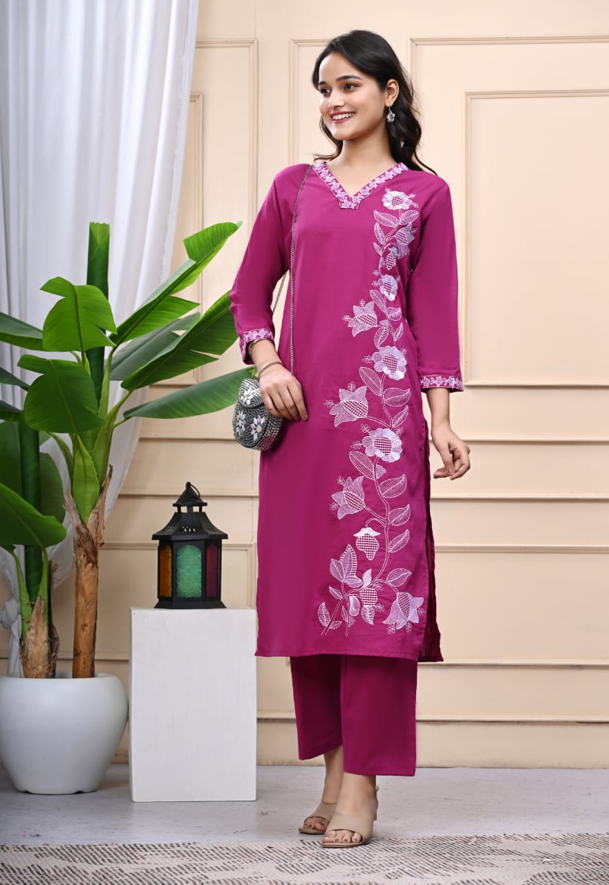 Plum Pink Cotton Co-Ord Set with Floral Detailing Embroidered