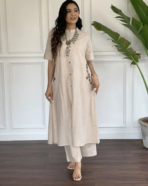 Beige Button-down kurta set with embroidered details