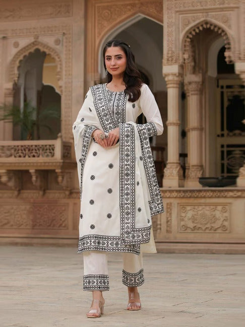 White-black cotton embroidered suit set