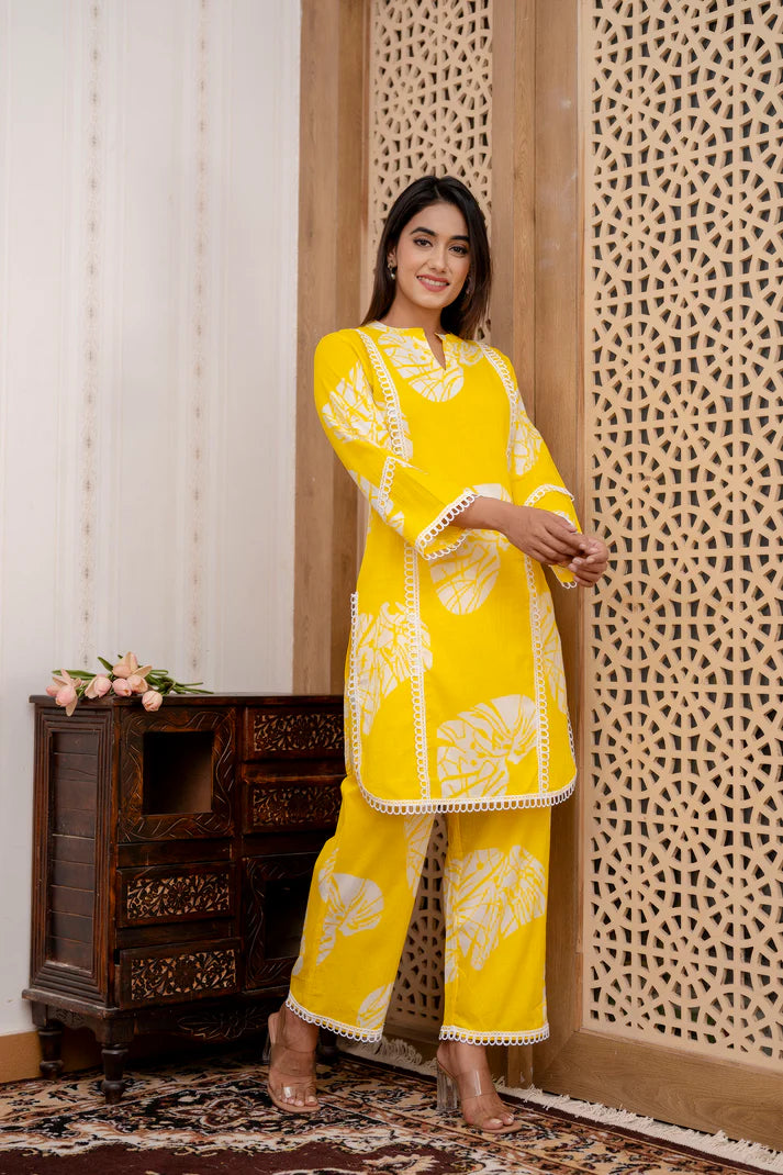 Yellow Betel Leaf Printed Cotton Co-Ord Set