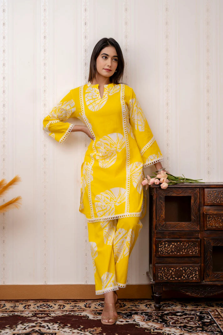 Yellow Betel Leaf Printed Cotton Co-Ord Set