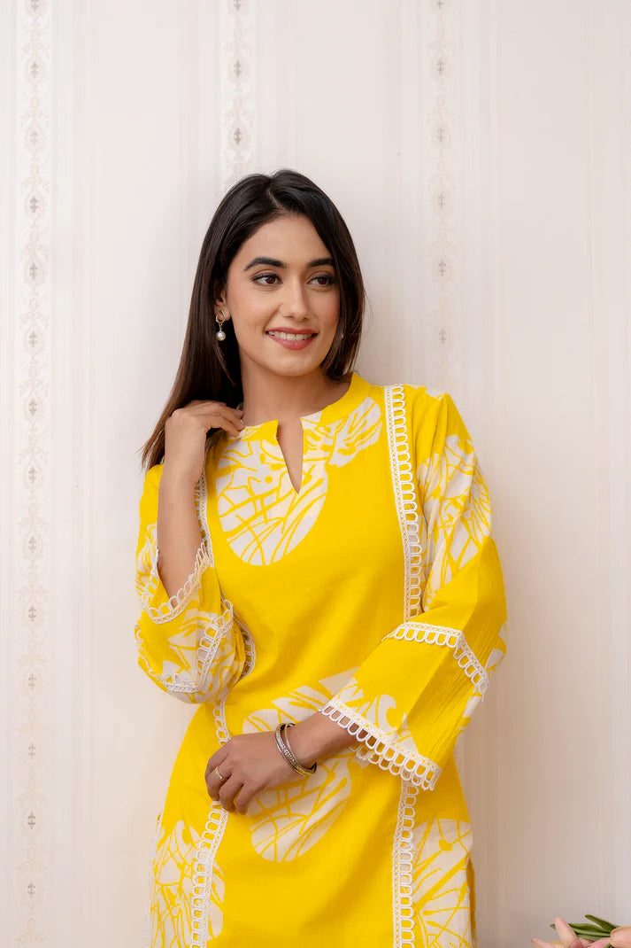 Yellow Betel Leaf Printed Cotton Co-Ord Set