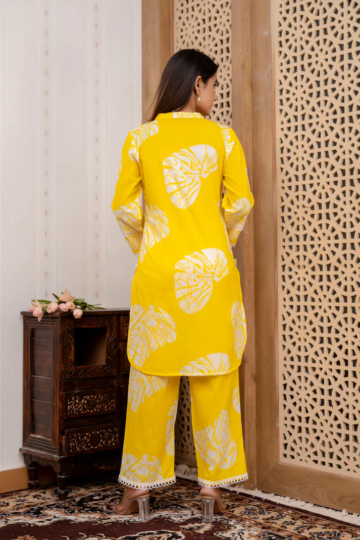 Yellow Betel Leaf Printed Cotton Co-Ord Set
