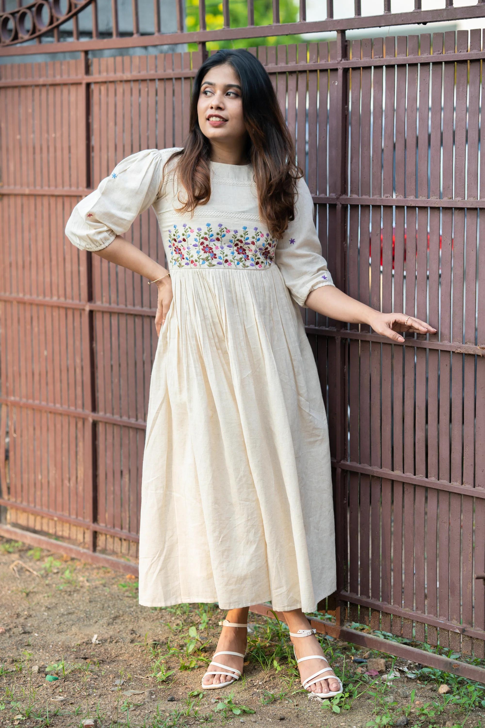 Off-white floral embroidered long kurti