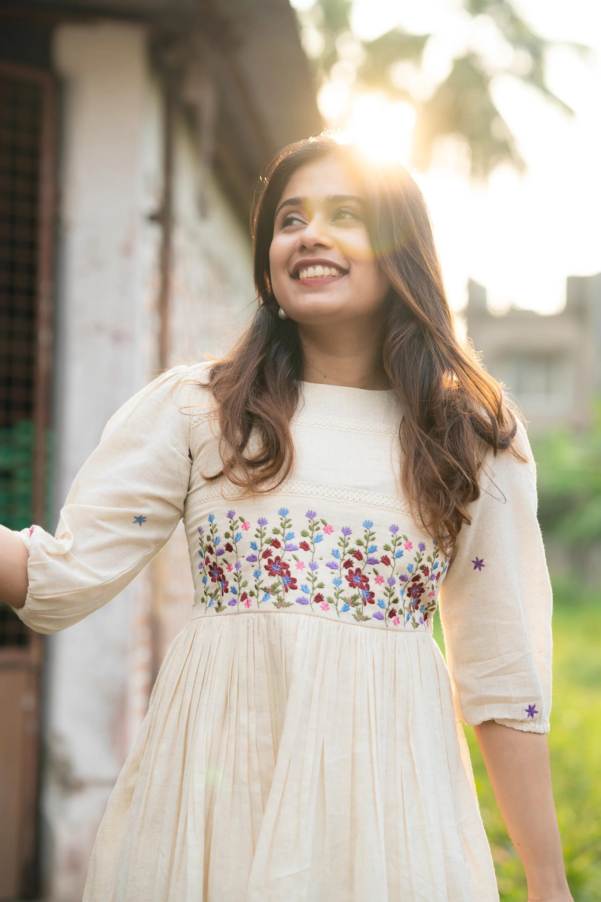 Off-white floral embroidered long kurti
