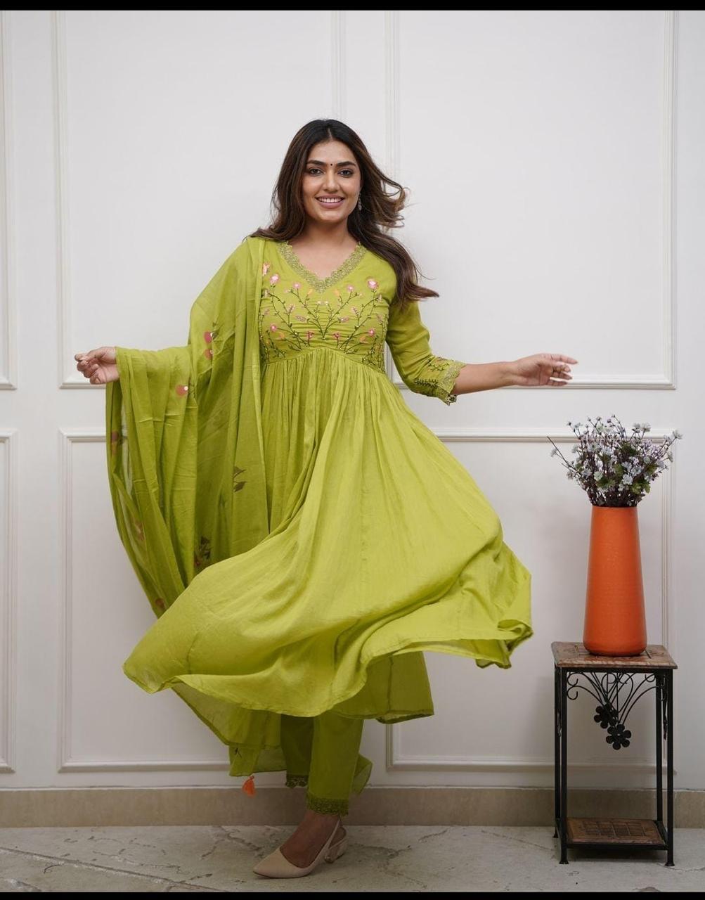 Lime Green Elegant Embroidered Kurta Set with Floral Dupatta