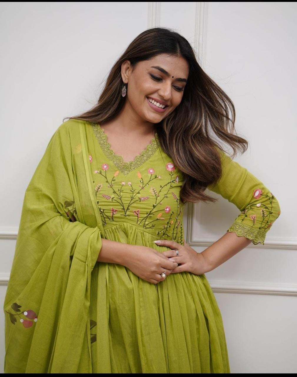 Lime Green Elegant Embroidered Kurta Set with Floral Dupatta