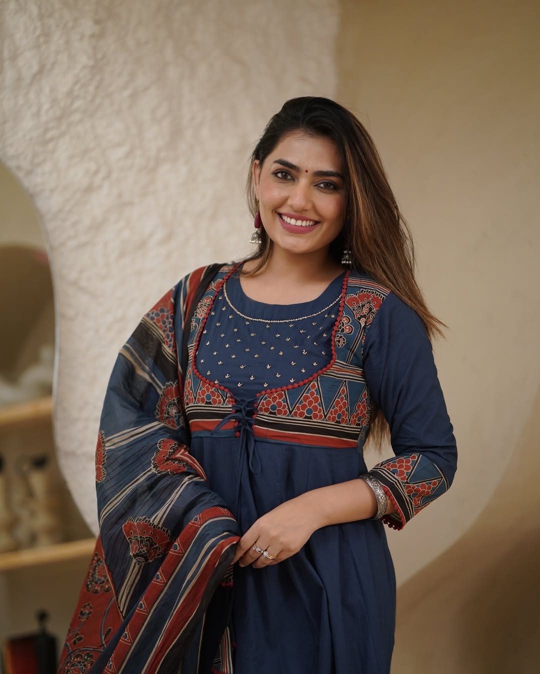 Elegant Navy Blue & Rust Cotton Printed Anarkali Kurta Set with Dupatta