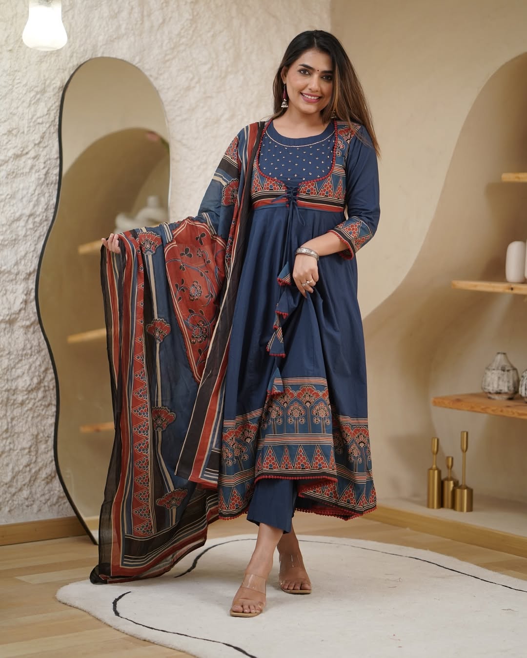 Elegant Navy Blue & Rust Cotton Printed Anarkali Kurta Set with Dupatta
