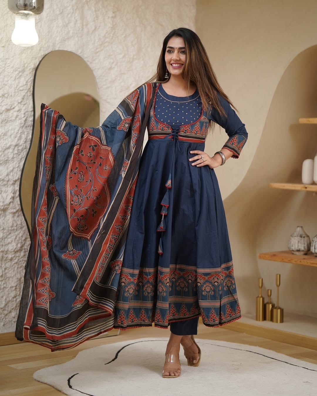 Elegant Navy Blue & Rust Cotton Printed Anarkali Kurta Set with Dupatta