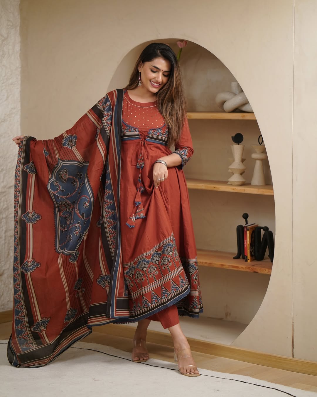 Elegant Rust & Navy Blue Cotton Printed Anarkali Kurta Set with Dupatta