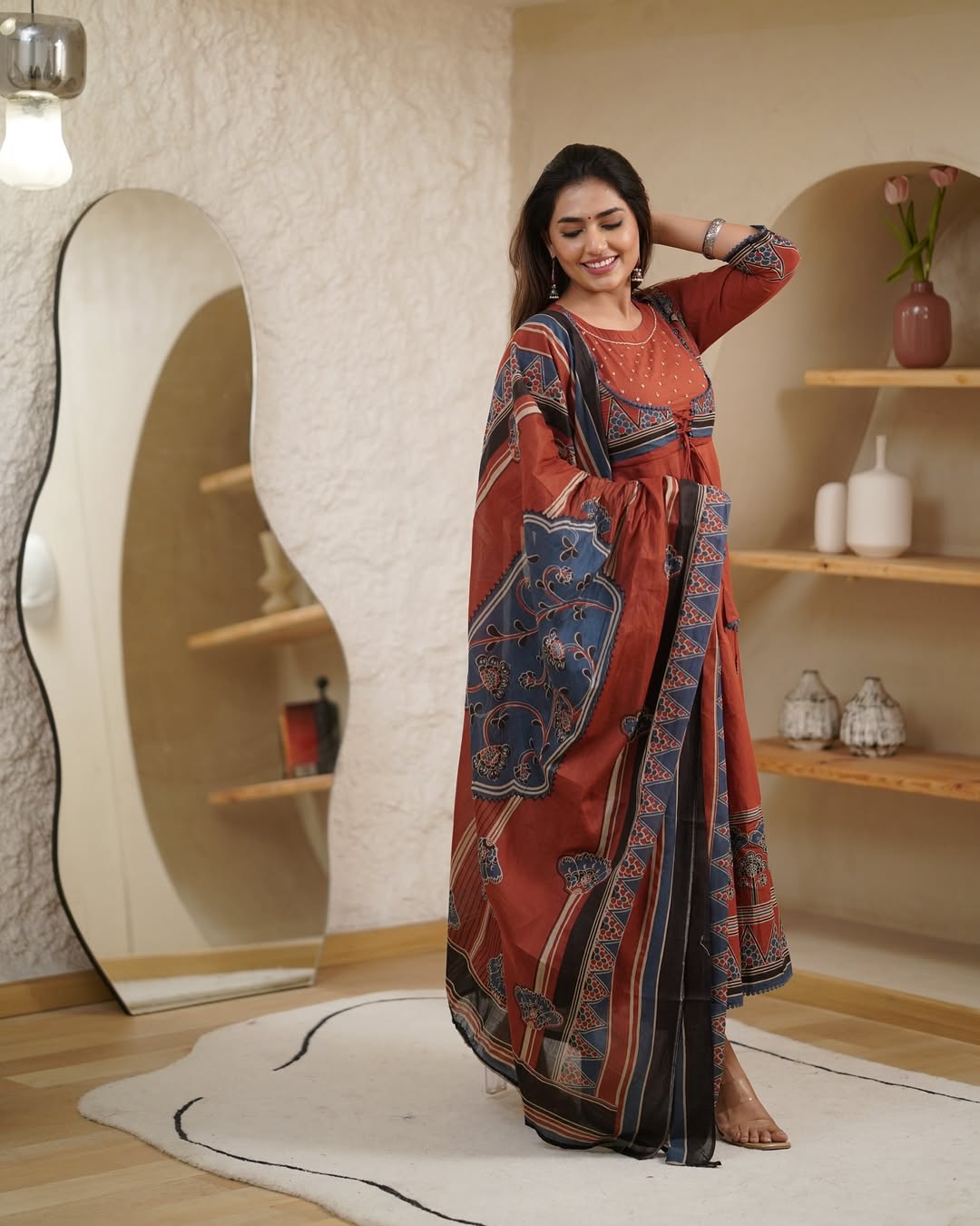 Elegant Rust & Navy Blue Cotton Printed Anarkali Kurta Set with Dupatta