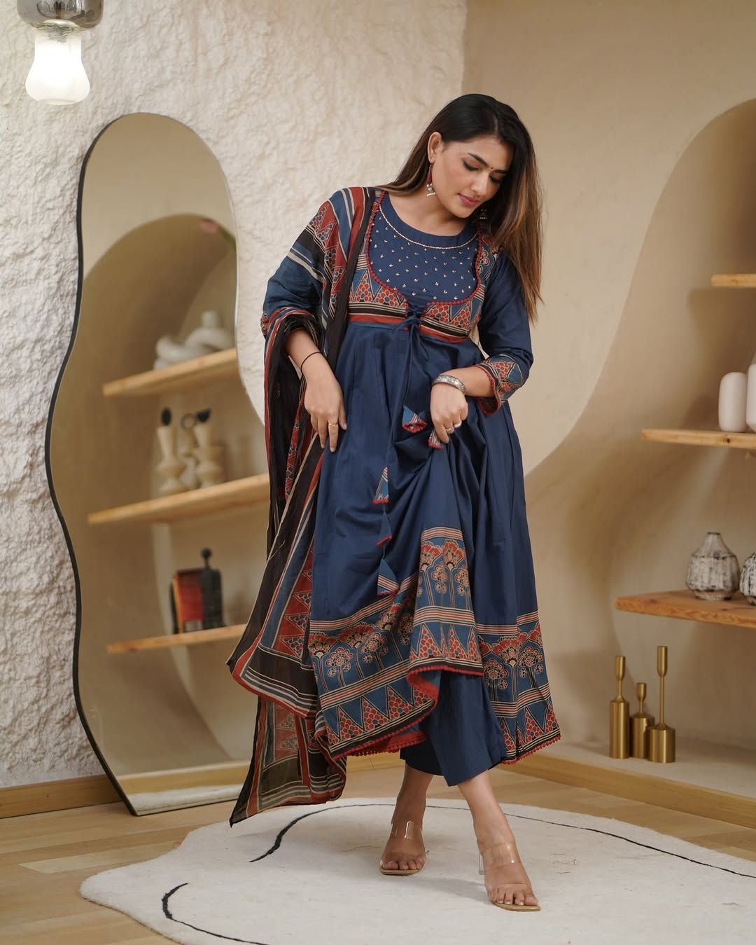 Elegant Navy Blue & Rust Cotton Printed Anarkali Kurta Set with Dupatta