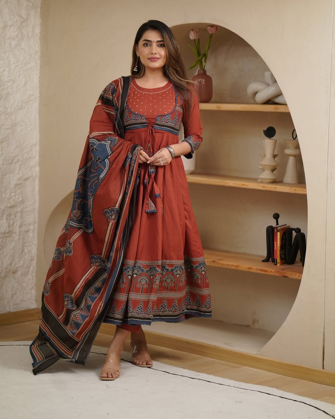 Elegant Rust & Navy Blue Cotton Printed Anarkali Kurta Set with Dupatta