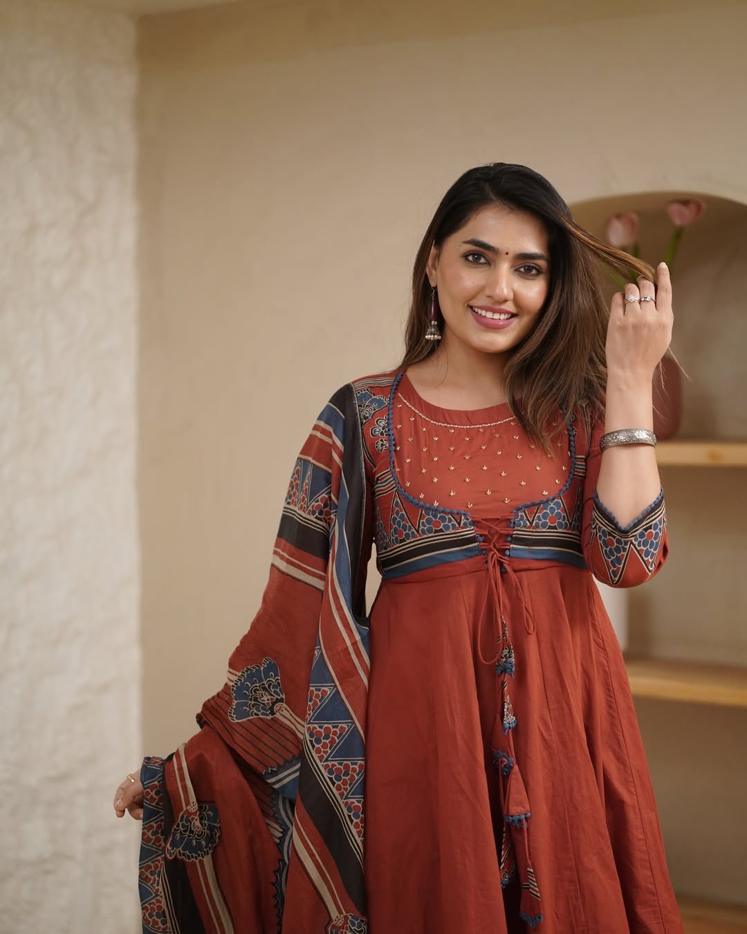 Elegant Rust & Navy Blue Cotton Printed Anarkali Kurta Set with Dupatta