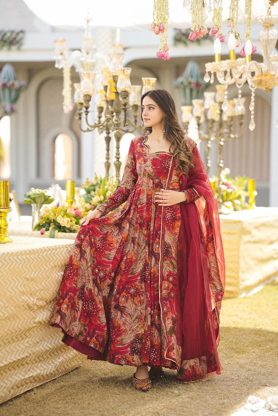 Regal Red Floral Anarkali Kurta Set with Dupatta