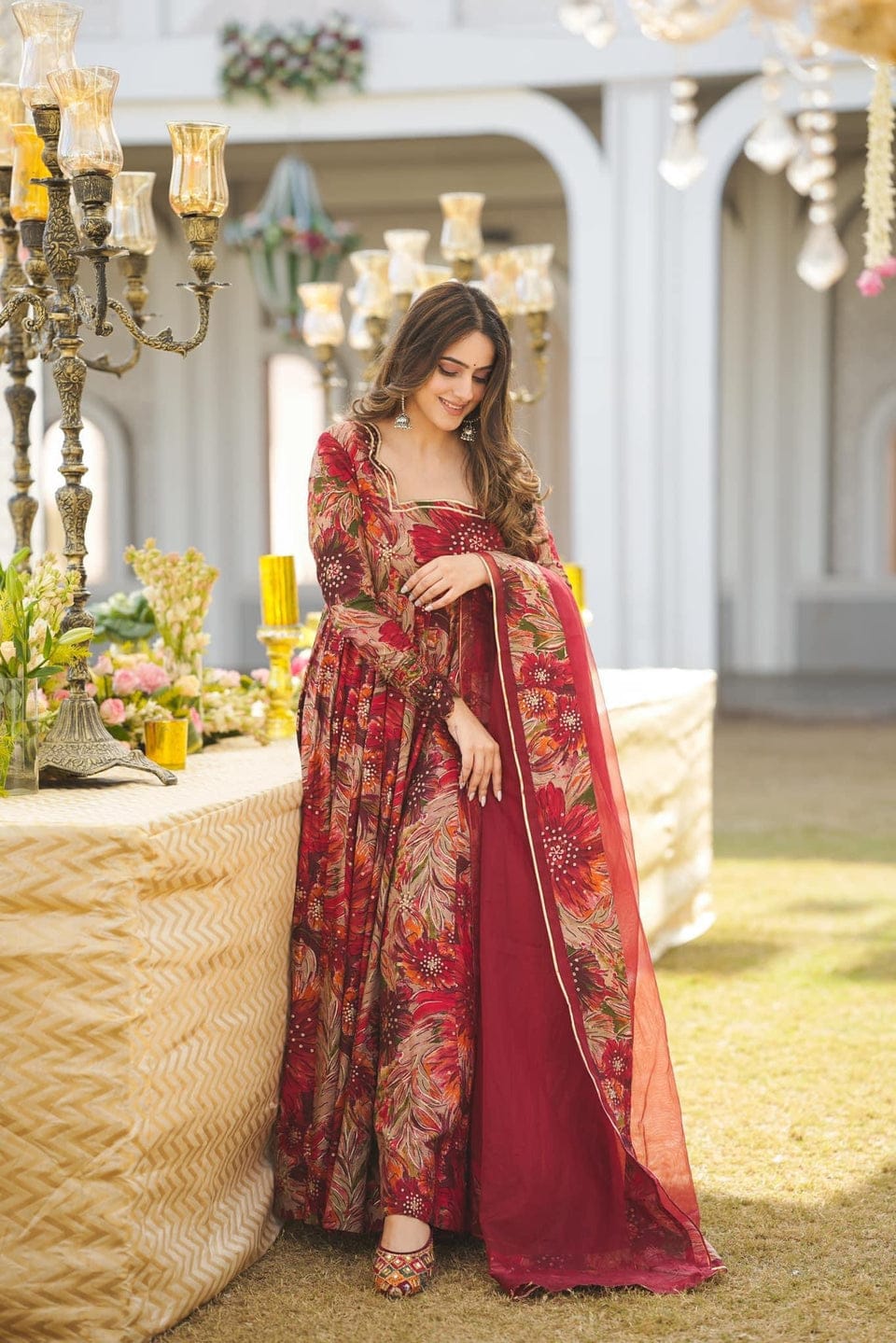 Regal Red Floral Anarkali Kurta Set with Dupatta