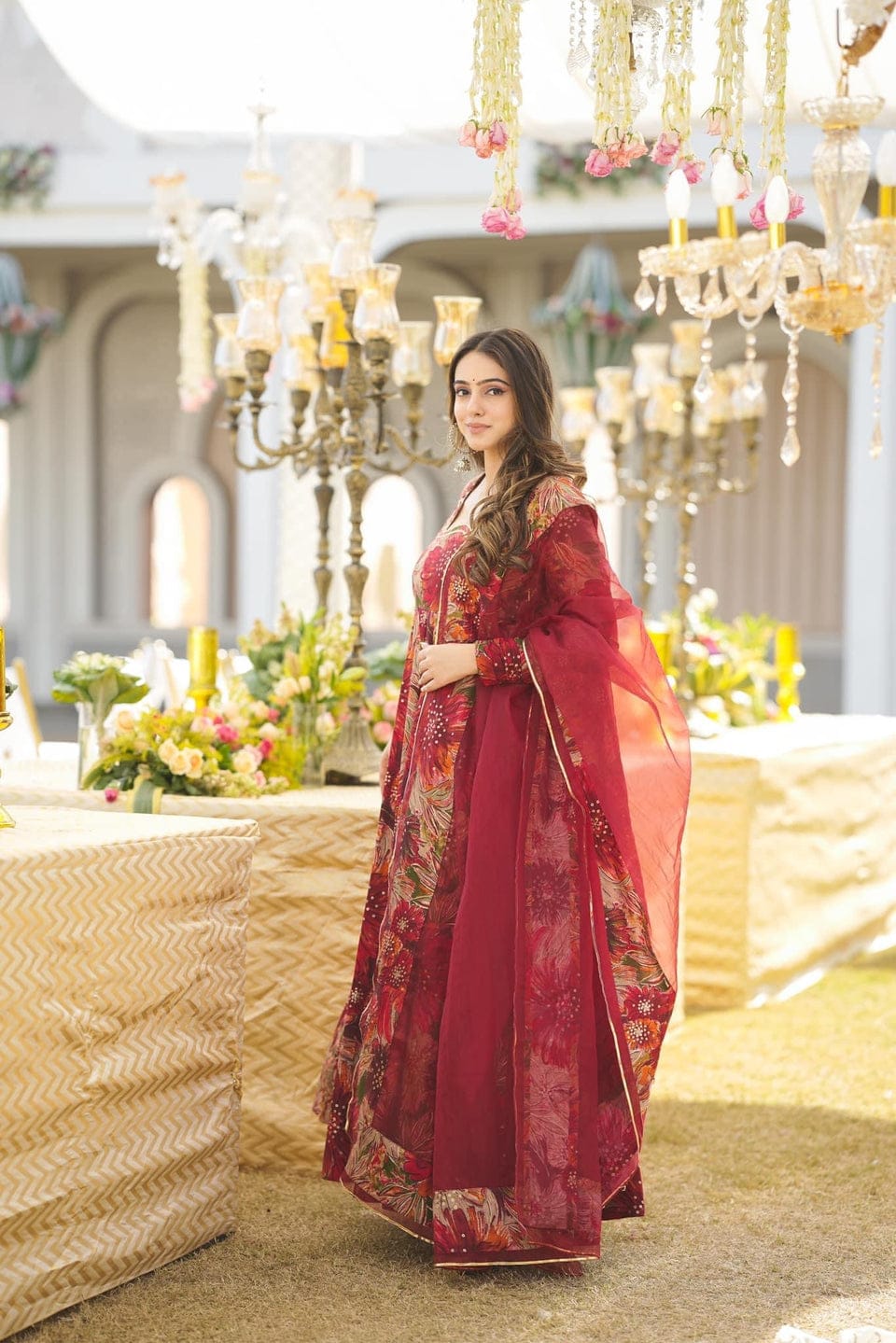 Regal Red Floral Anarkali Kurta Set with Dupatta