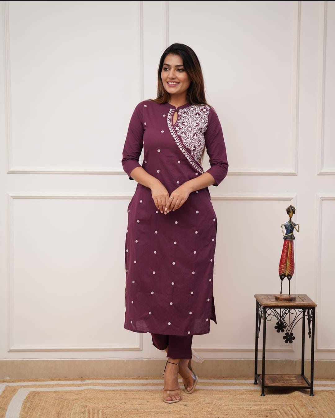 Wine Embroidery Kurti set for women with keyhole neckline