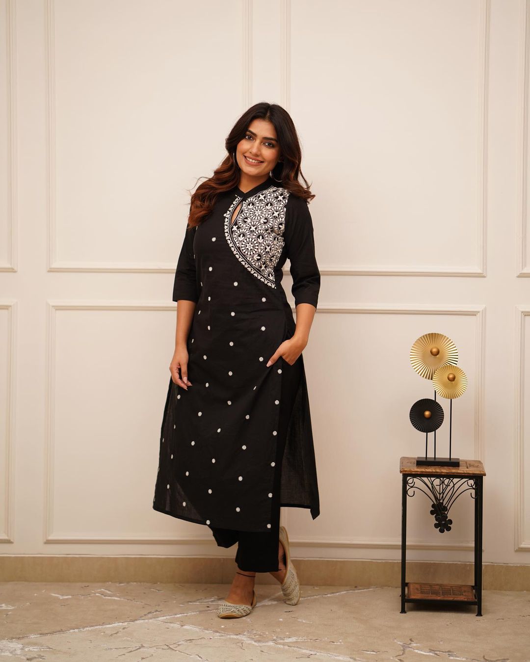 Black Embroidery Kurti set for women with keyhole neckline