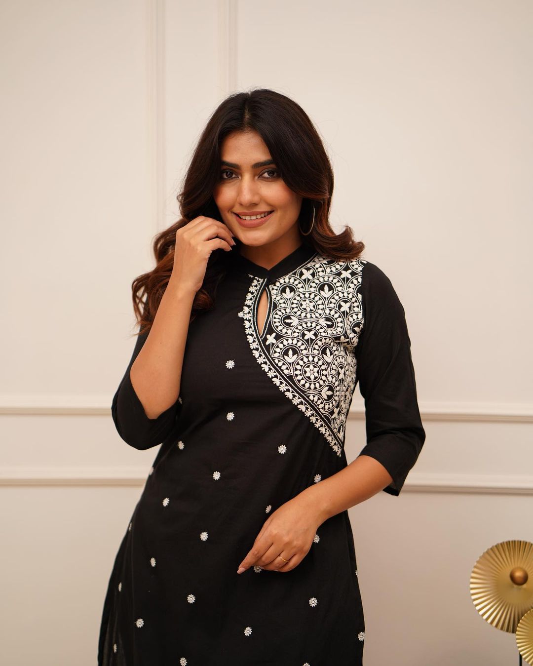 Black Embroidery Kurti set for women with keyhole neckline