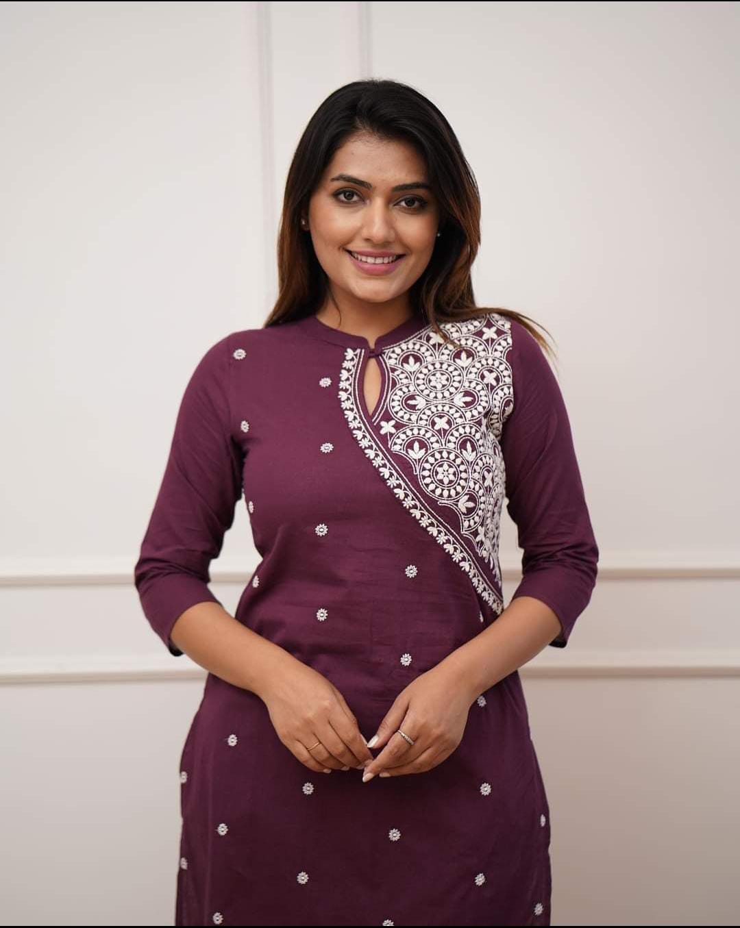 Wine Embroidery Kurti set for women with keyhole neckline