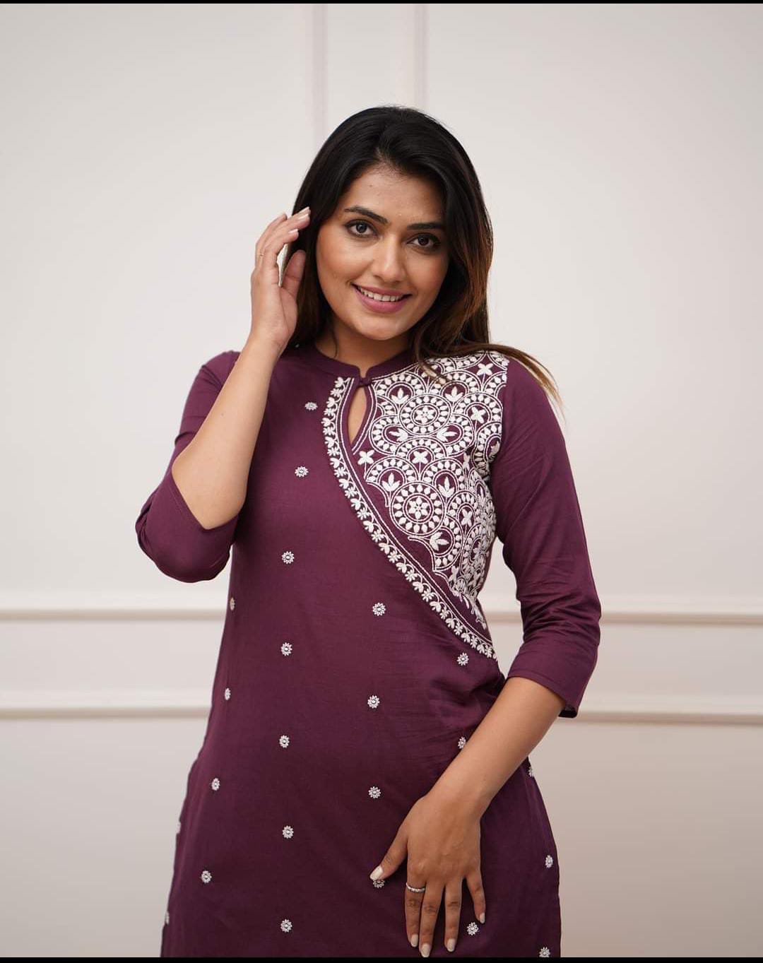Wine Embroidery Kurti set for women with keyhole neckline