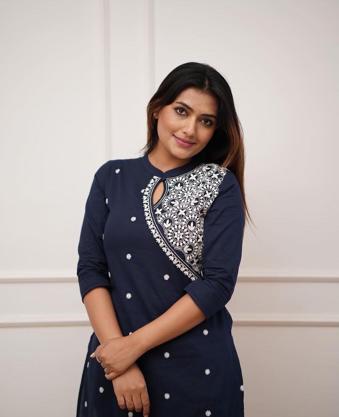 Navy Embroidery Kurti set for women with keyhole neckline