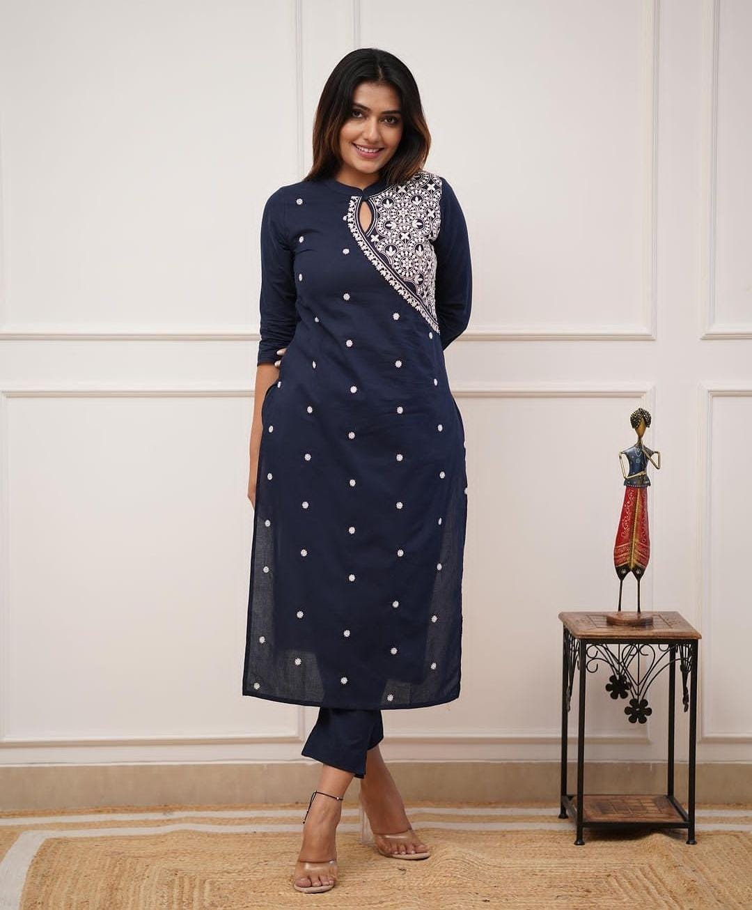 Navy Embroidery Kurti set for women with keyhole neckline